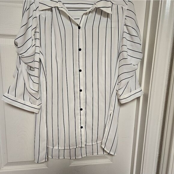 DR2 Ivory Black Stripe Button-Up Blouse Size M - Picture 5 of 10